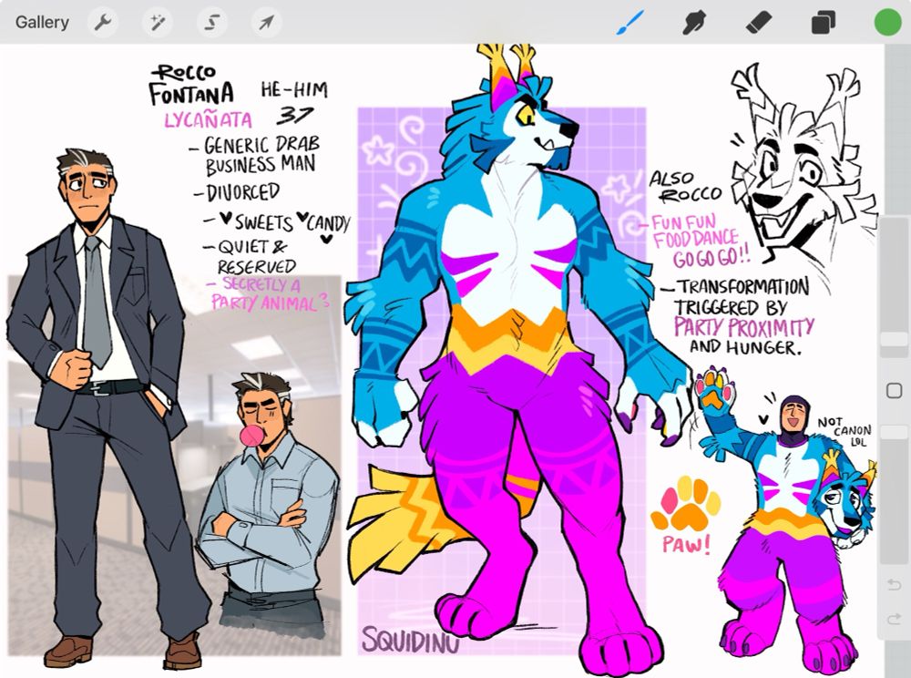 character notes on Rocco the lyñata furry wold werewolf guy.
Rocco Fontana
he-him
lycañata
37
- generic drab business man
- divorced
-msweets "candy
- quiet & reserved
secretly a
party animal 3
also
rocco
fun fun food dance, go go go!!
_ transformation
triggered by
party proximity
and hunger.