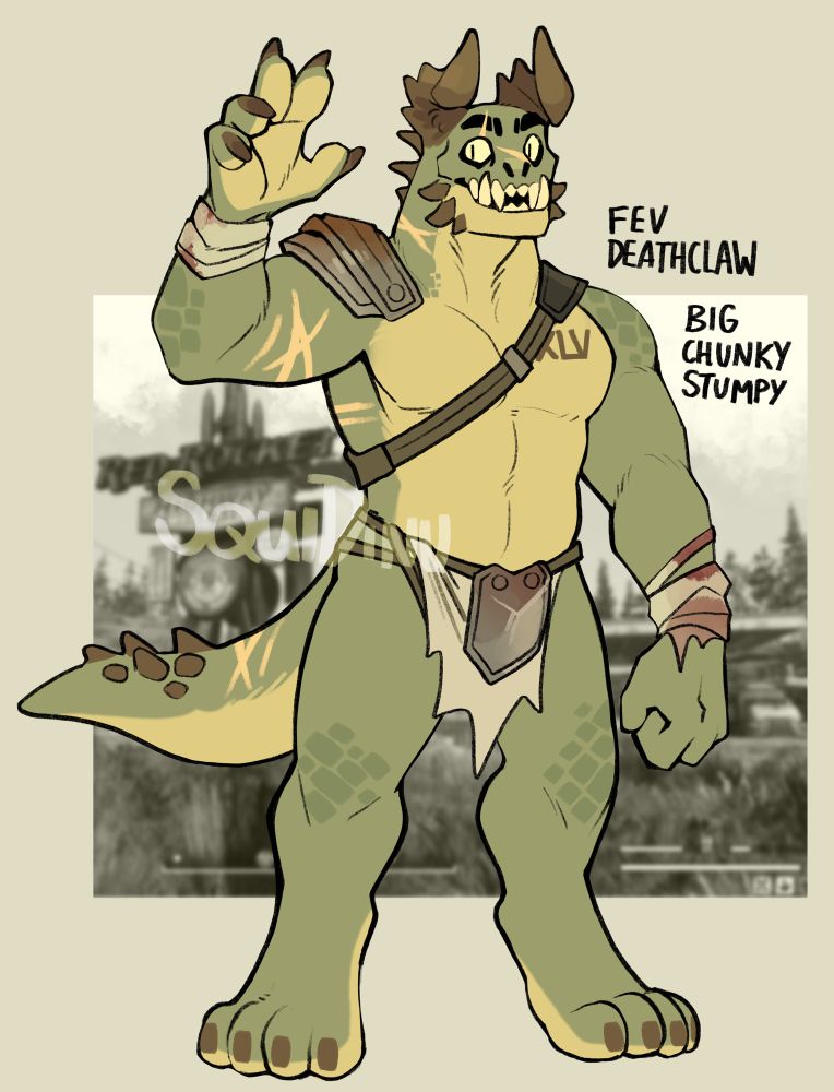 Colored drawing of a big greenish super mutant style scaly guy. Notes read "FEV deathclaw" "big chunky stumpy"