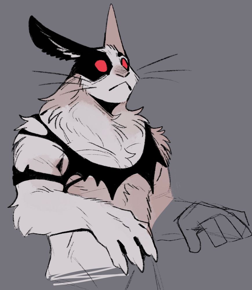 scruffy sketch of a black and white rabbit monster with big claws and empty red eyes