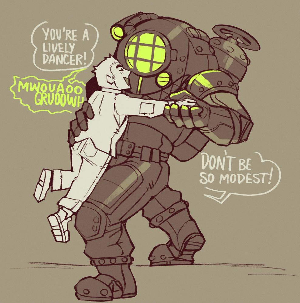 doodle of Max the big daddy diver oc attempting to dance with Orion the singer. Orion says "You're a lively dancer!" "Don't be so modest!" 