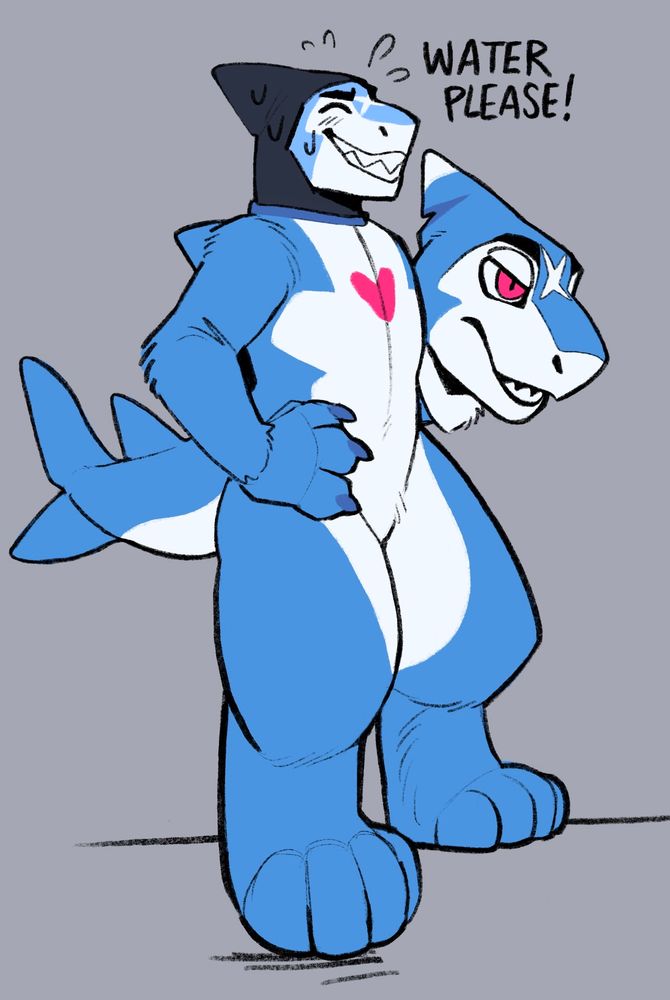 silly doodle of a shark furry wearing a shark fursuit. the shark says "water please!"