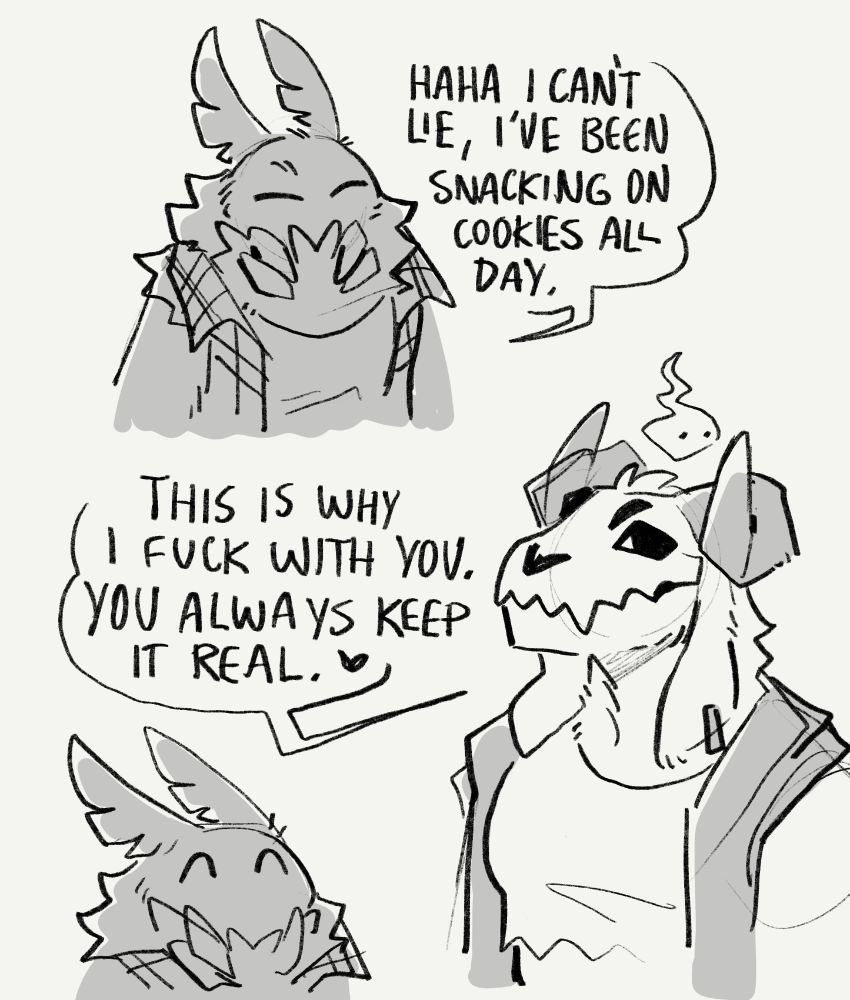 doodle of mothman Atlas Cryptid Crush talking to Jamie the devil- Atlas says "Haha I can't lie I've been snacking on cookies all day." Jamie replies, "This is why I fuck with you. You always keep it real. <3"