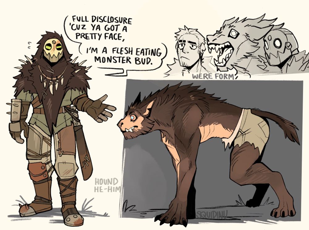 colored art page of an original character. He is an apocalyptic Fallout raider named Hound who is also a werewolf. He says to the viewer "Full disclosure 'cuz ya got a pretty face— I'm a flesh eating monster bud."