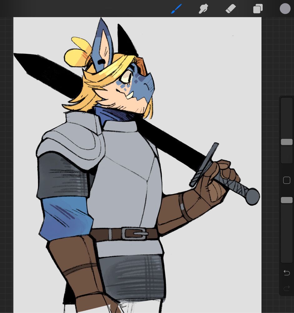 unfinished sketch of a kobold swordsman Yorick in enchanted armor and casually holding a sword. 