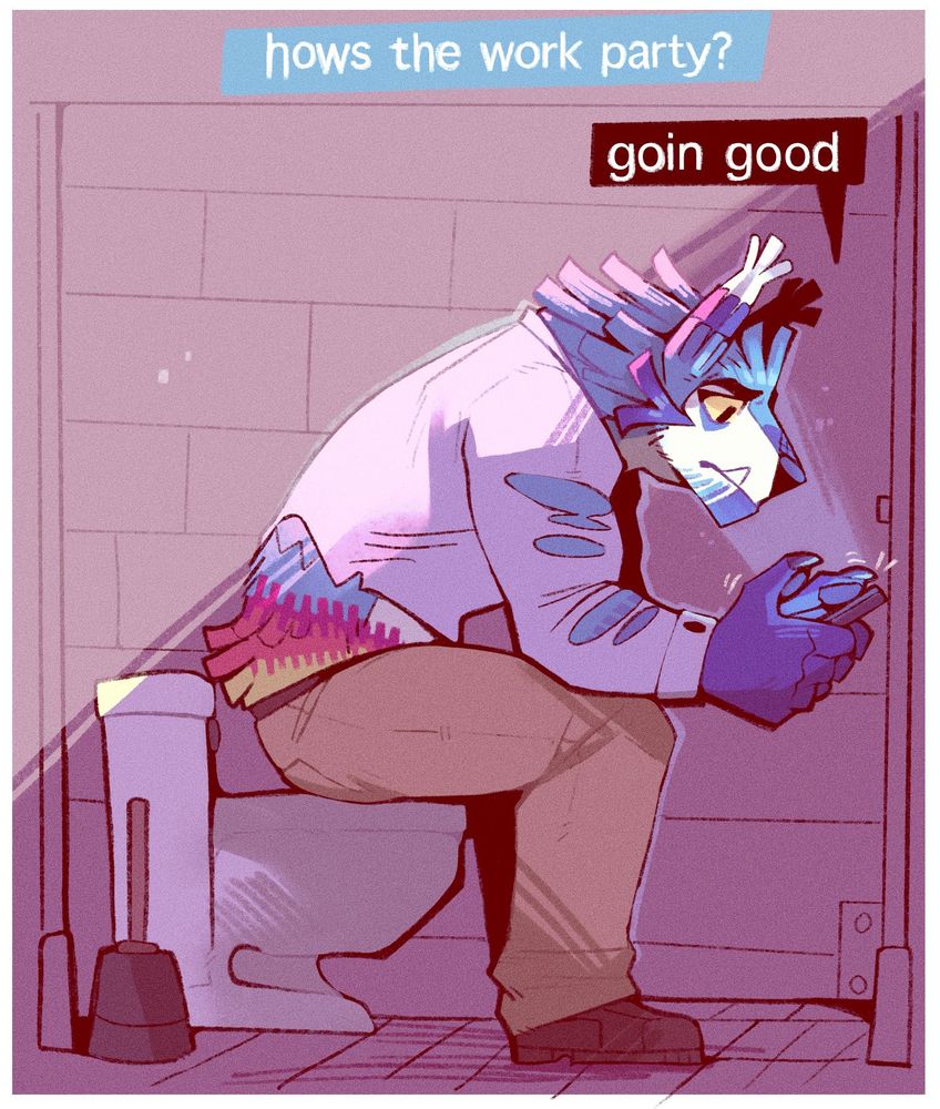 Rocco the were-piñata wolf dressed in his work clothes sitting in a bathroom stall while he texts someone asking "How's the work party?" with a worried expression.