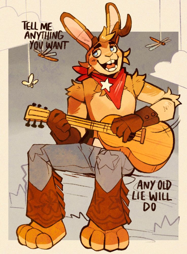 soft colored illustration of an animatronic furry jackalope named Lucky Jack. He's sitting down to with a smile and playing an acoustic guitar.
