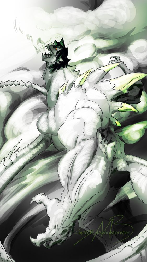 A man becoming infected with a kaiju virus. He's visibly transforming, his mouth now filled with sharp teeth, his arm having grown considerably with muscle. A row of spikes is running from his shoulder to his spine. A tail has sprouted from his back. He's shrouded in some sort of cloud.