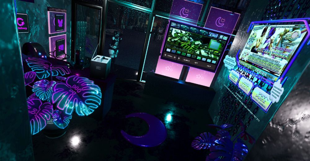 Inside store build showing blue and purple lighting with few vendors and cyber glowing plants from river of stars in secondlife. I am standing at the doorway in distance