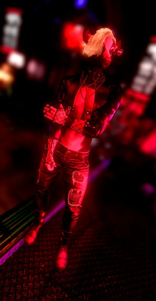 lukas in secondlife at club nether, anthro skunk in ripped jeans fishnet arms and leather jacket