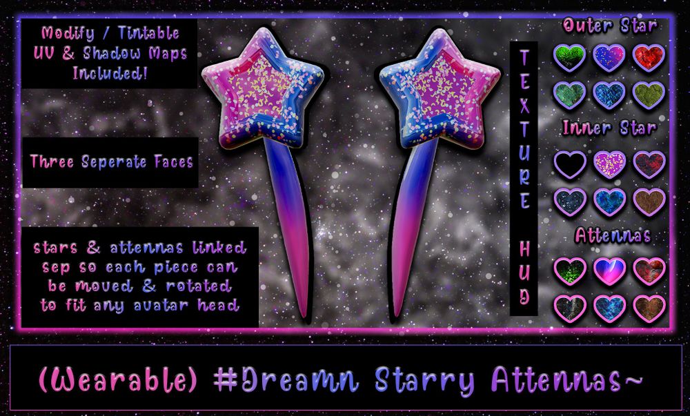 #secondlife #dreamn Starry Antenna's available now ! 💗✨💜
Go grab them @ [Furhaven](https://maps.secondlife.com/secondlife/Furhaven/44/129/29) + [Mainstore](https://maps.secondlife.com/secondlife/Lakecoast/225/161/1066) 👽🌟

Text HUD + All the maps for diff faces so you can match ur fursona colors! Linked parts so swap and use however need!

I will repost anyone who blogs and would LOVE to see what ppl do with them!!! :D