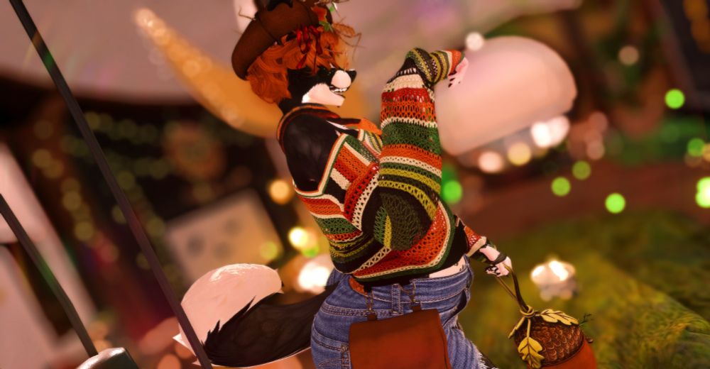 melody wearing jeans and brown waist sachel holding acorn purse. top is knit sweater with greens and orange reds hues. pose is to the side and one paw is up and melody is smiling. brown beret on top with brown hair with twigs hanging out of it. background is blurred but seen as a cottage with circle entrance and tons of bokeh effects of yellow green lights an green mossy rugs.