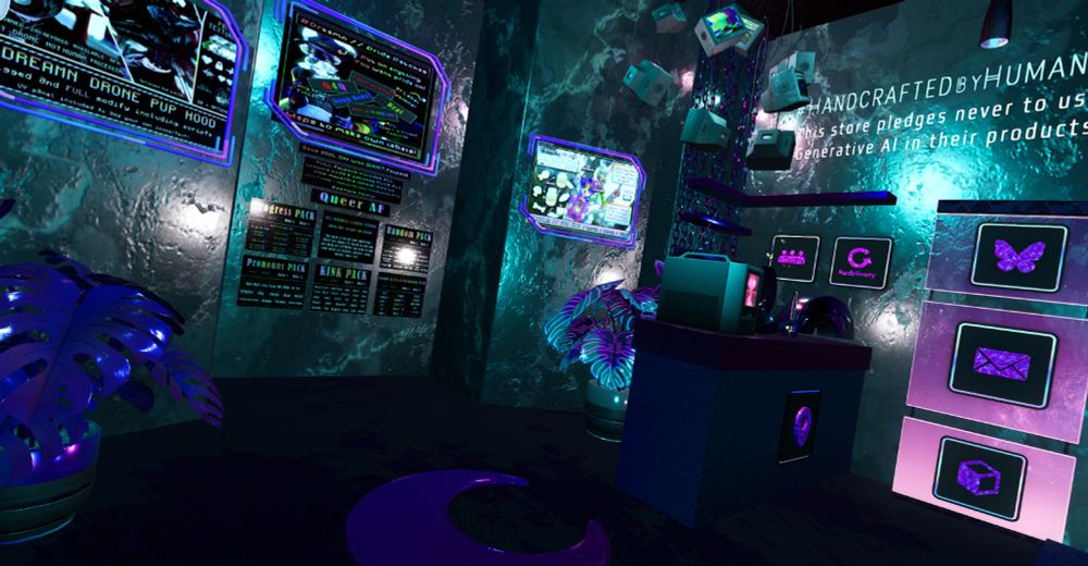 showing inside from corner angle showing desk and socials boxes and a sign that signs #handcraftedbyhumans sign and pledge to not use gen ai in my art work