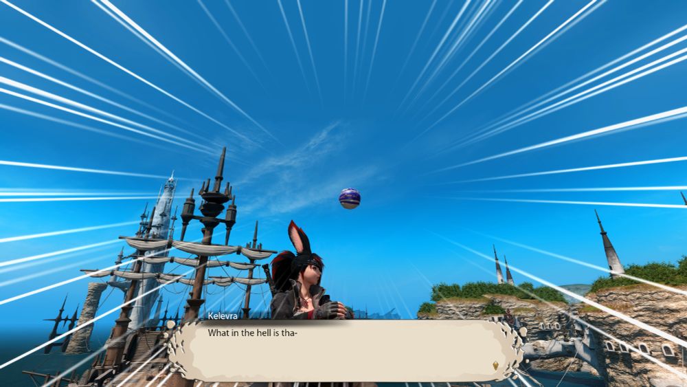 The Viera looks over her shoulder as a ball comes flying at her, action lines indicating a high speed. She thinks "What in the hell is tha-"