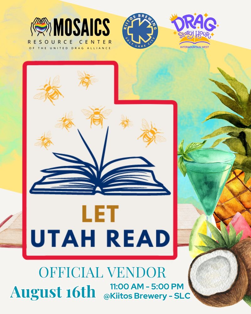 The Let Utah Read logo sits next to a pineapple, coconut, and drink. Below it is information for the Mosaics Resource Center Boozy Book Fair.