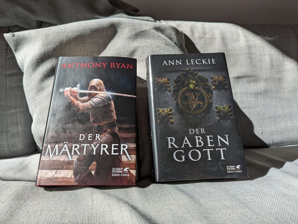 Zwei Bücher auf grauem Sofa in der Sonne.