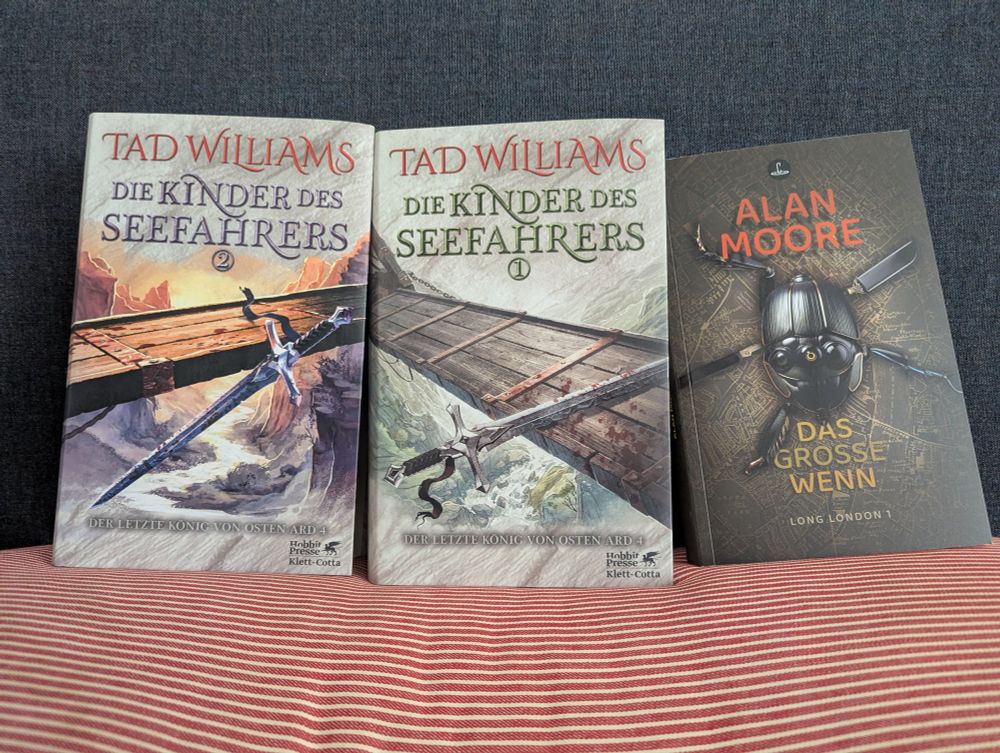 Drei Bücher stehen nebeneinander auf einem Kissen. 