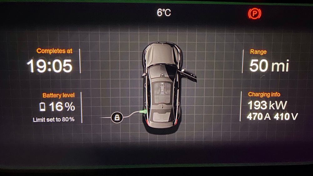 The display from a Polestar 2 charge screen showing 193 kW charge speed being received. 
