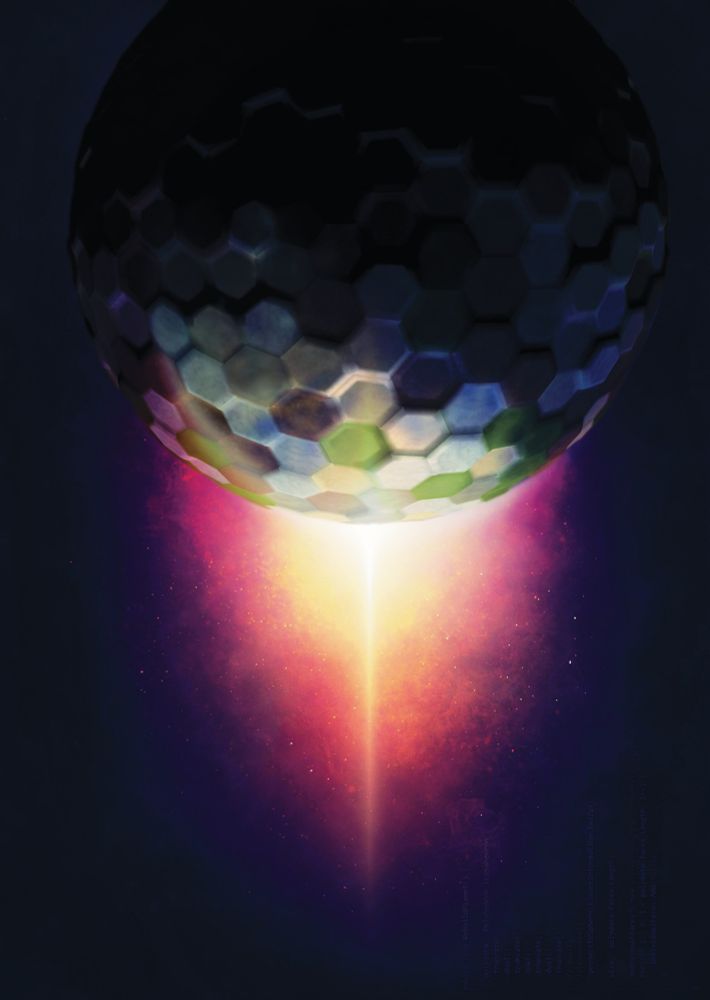 A computer generated image of a planet made of hexagons and pentagons, superimposed and dramatically lit by the sun rising behind it. Computer generated planet photo-manipulated for print