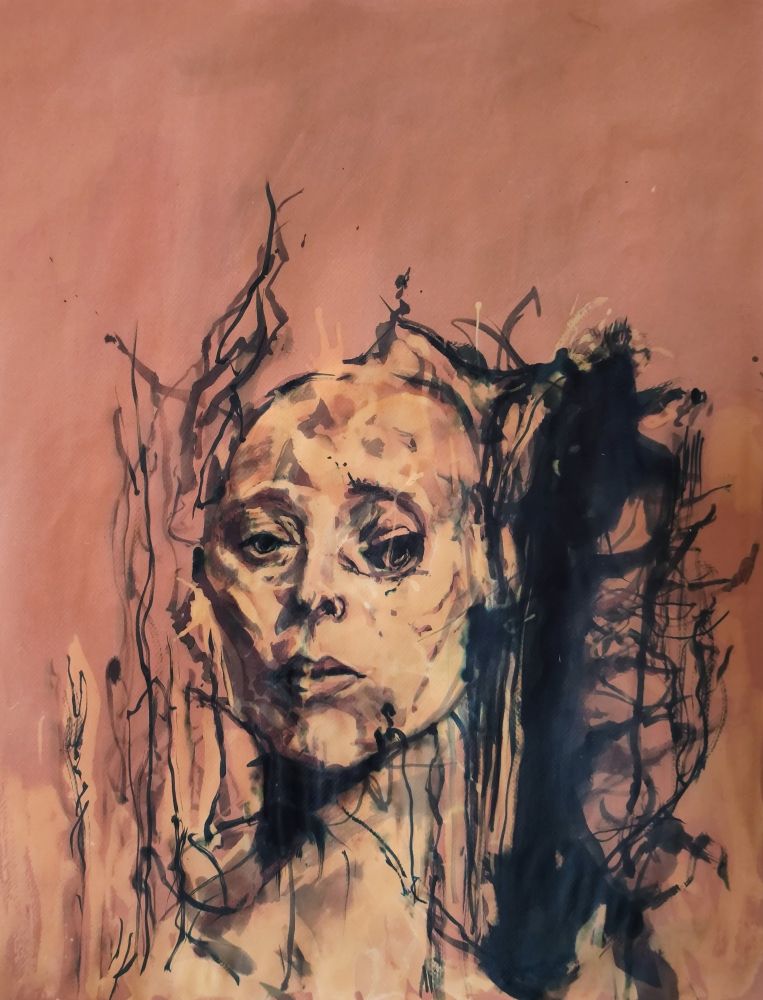 Portrait à l'encre noire sur papier teinté brun, visage décoloré à la javel / Yann Seth 