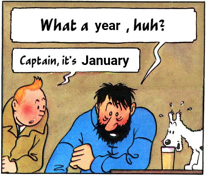 Iteration on a popular cartoon meme showing a weary man saying "What a year, huh" and a colleague replying, "Captain, it's January."