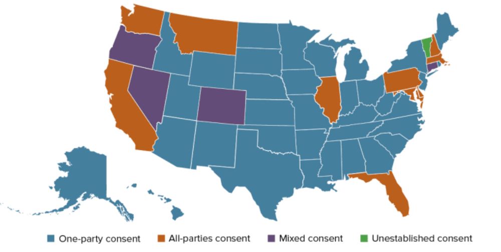 Recording consent laws by state screen grab. 

Orange is two-party consent. 
Blue is one-party consent. 
Purple is mixed consent. 
Green is unestablished. 