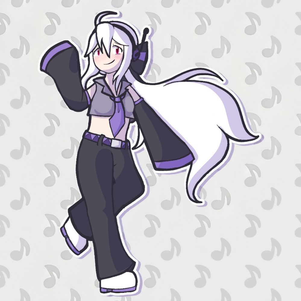 A digital illustration of Yowane Haku against a background of music notes