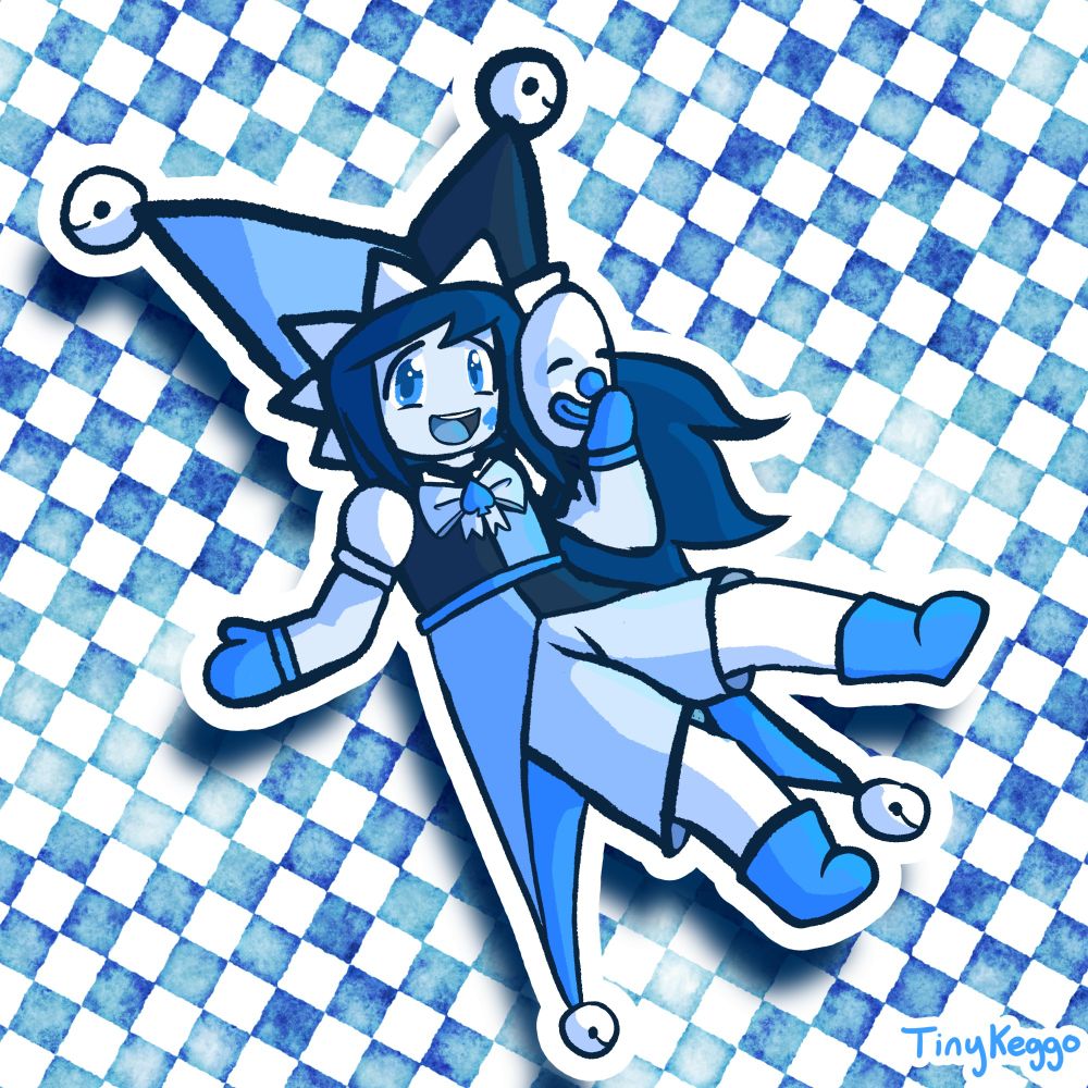 A blue jester boy (Laniki) floating against a grid background.