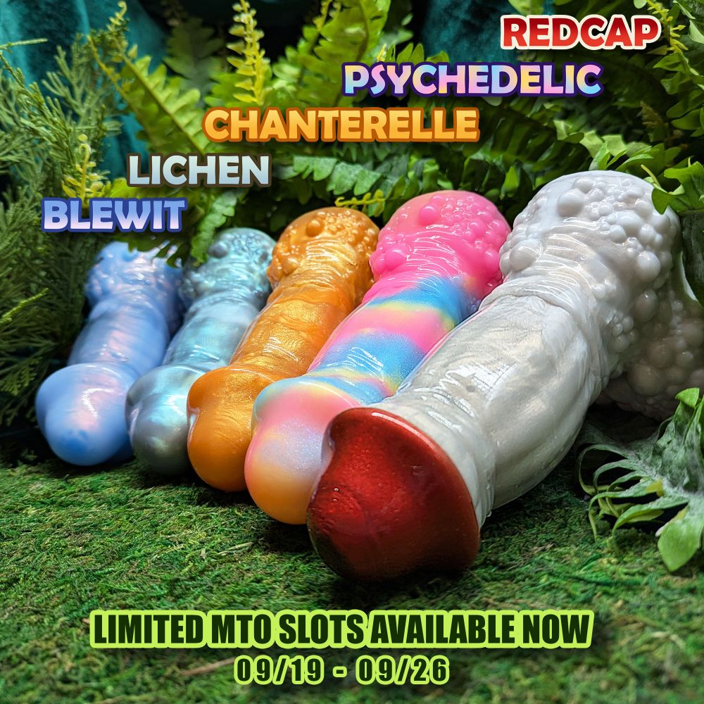 a group of fantasy mushroom dildos in mushroom inspired colors