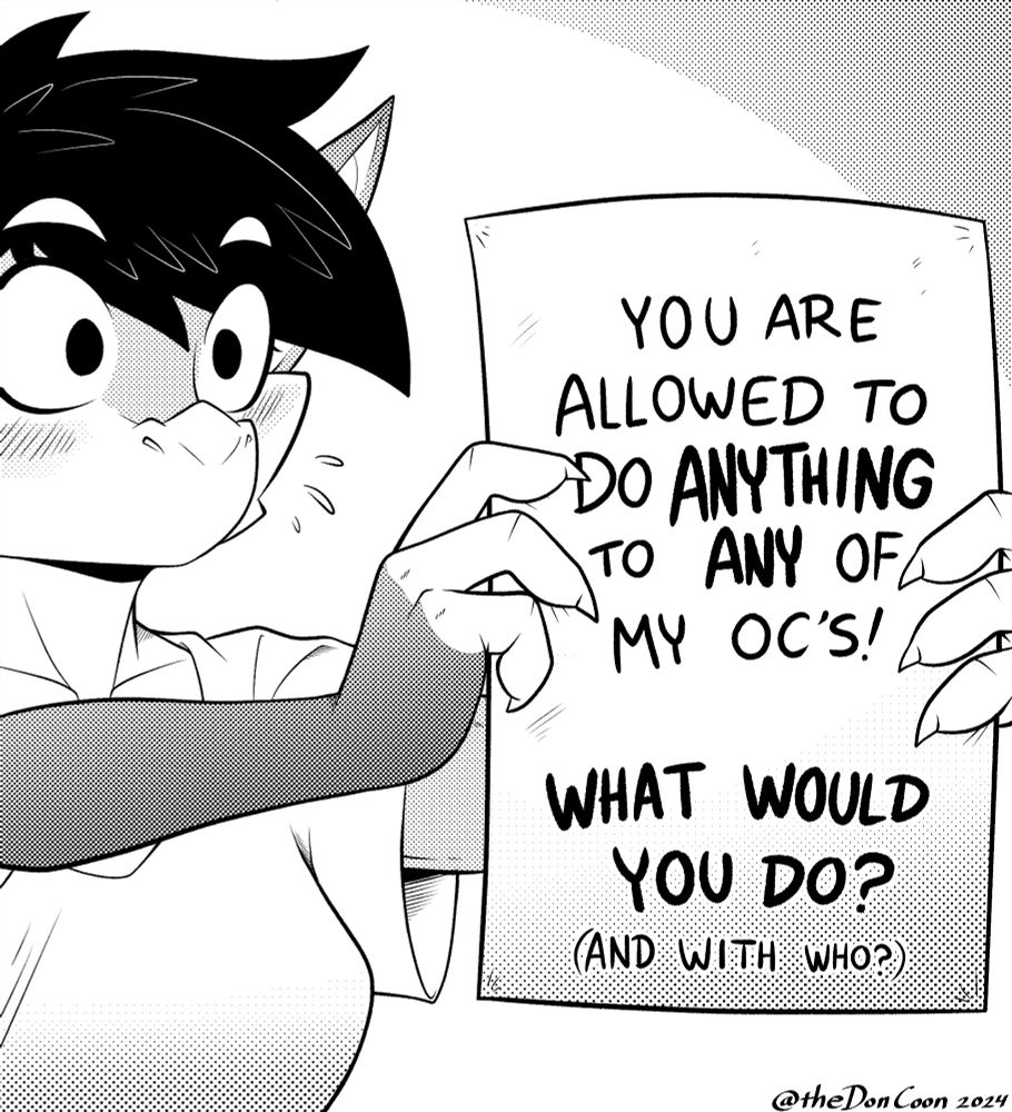 A monochrome mock comic/manga panel parody of a female kobold, Vermilion, holding up a piece of paper that says "You are allowed to do anything to any of my OC's! What would you? (And with who?)", being a parody of the "What would you do to my OC?" meme format, which was popular on Twitter in April and May of 2024.