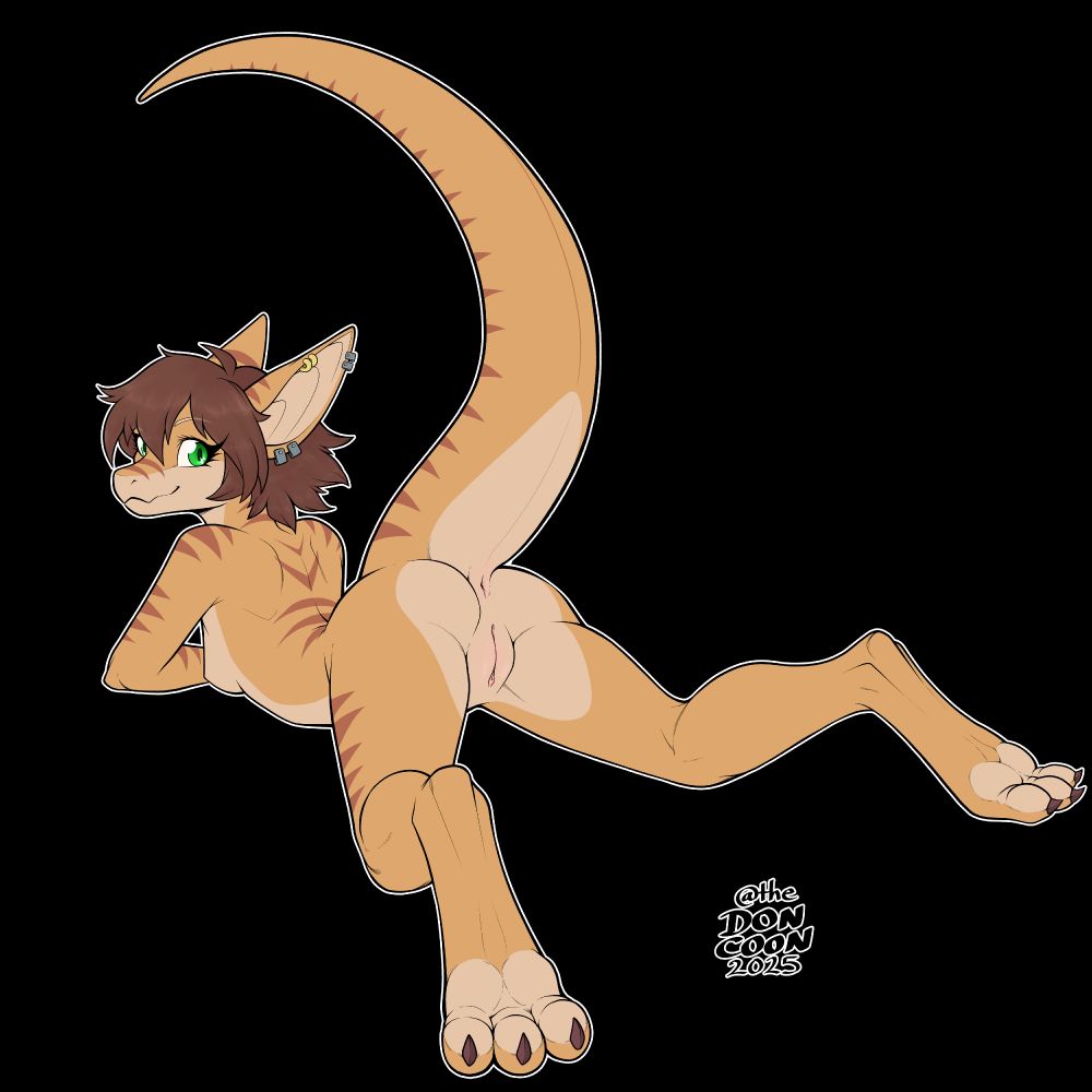 A 2025 drawing of Solis the Kobold, laying on her stomach, tail raised up and legs spread apart, showing her pussy as she's looking back towards the viewer.