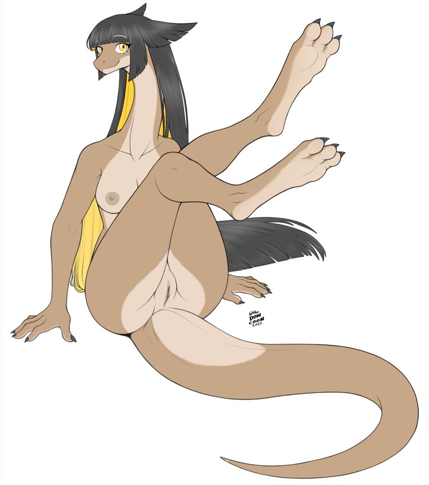 A tall serpentine, Praliné, sitting on her buttocks and tail, leaning slightly backwards and raising her legs, exposing her pussy to the viewer.
