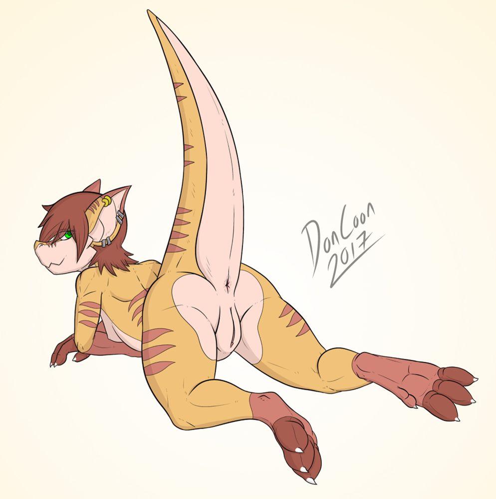 A 2017 drawing of Solis the Kobold, laying on her stomach, tail raised up and legs spread apart, showing her pussy as she's looking back towards the viewer.
