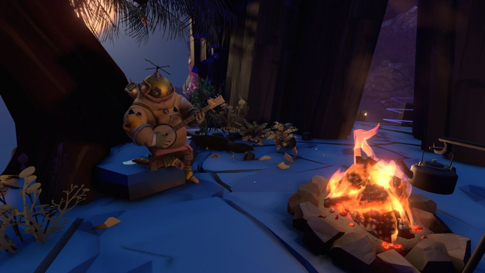 A screenshot from The Outer Wilds. An alient in a spacesuit is playing a banjo next to a campfire. It's a cozy nighttime scene.