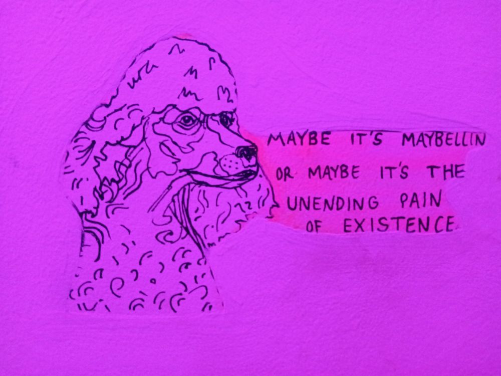 A poodle sketch on a pink background with the words "maybe it's Maybelline or maybe it's the unending pain of existence"
