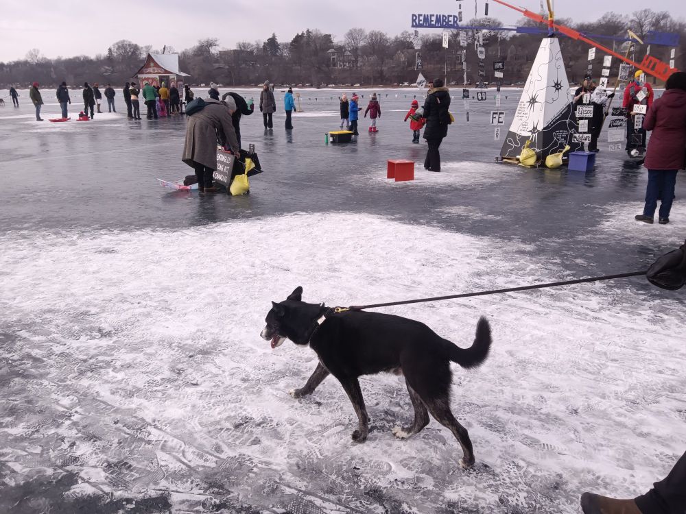 Art shanties on Lake Harriet with dog Figgy in foreground, windmill in background