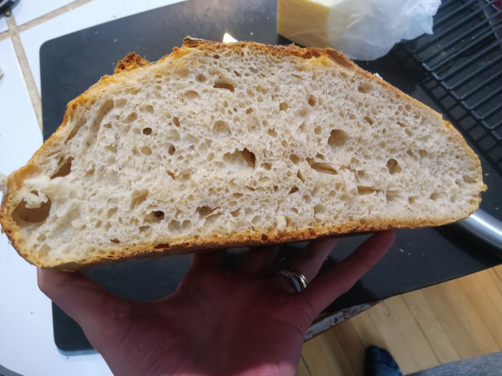 Sliced open loaf of sourdough bread 
