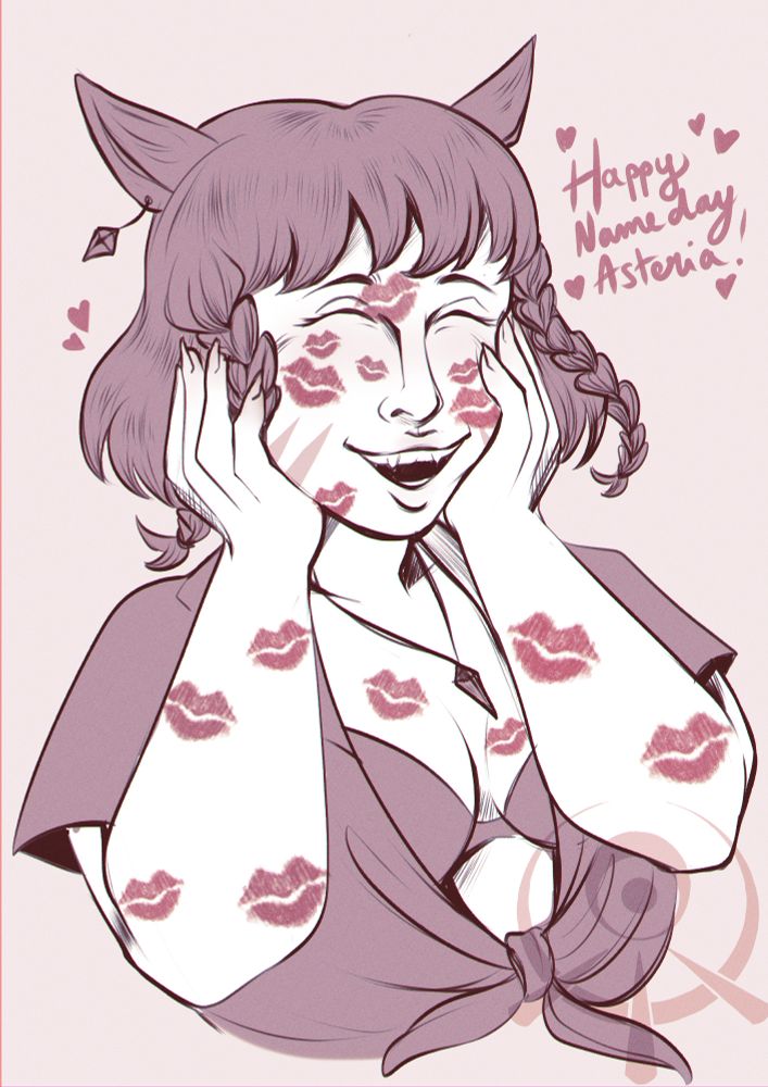 Asteria smiling happily, covered in lipstick marks 