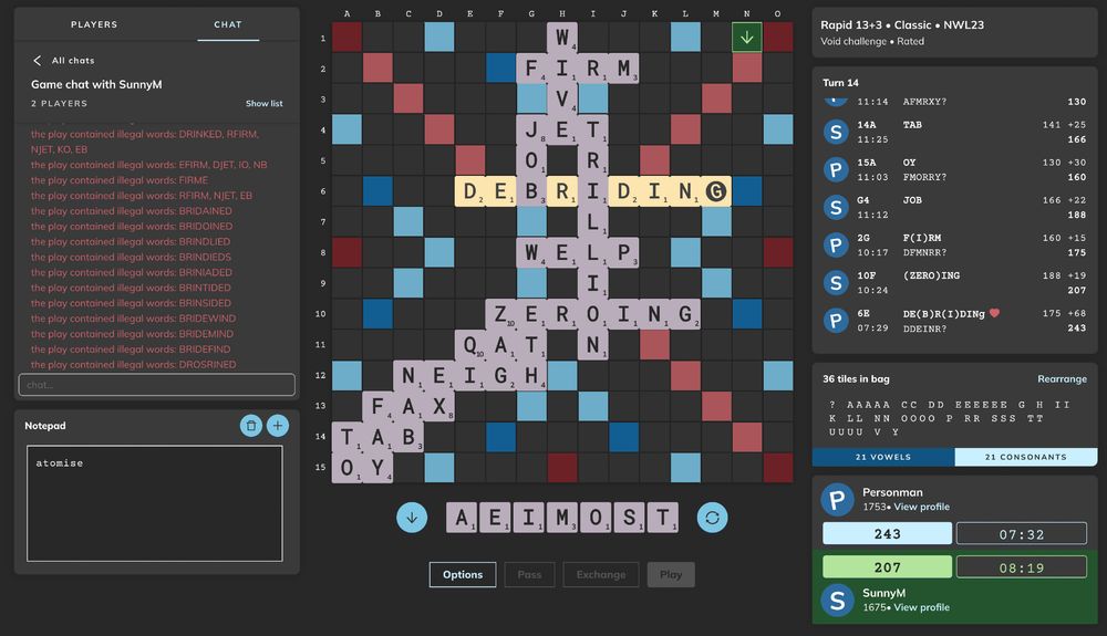 a void-challenge scrabble board in which i've just played DEBRIDING through the B and the I.