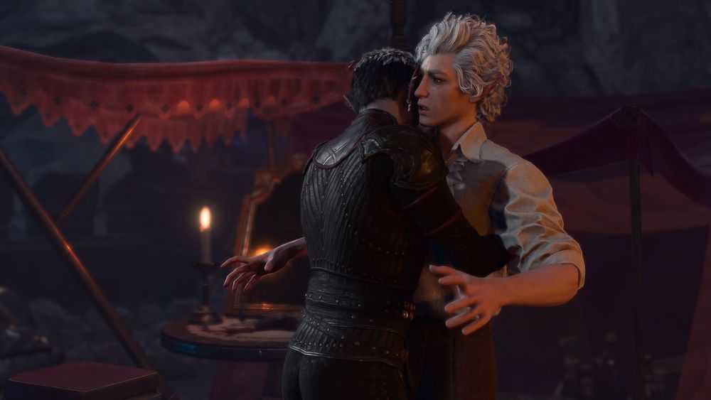 bg3 screenshot of my male drow self insert tav hugging astarion in his act 2 romance scene