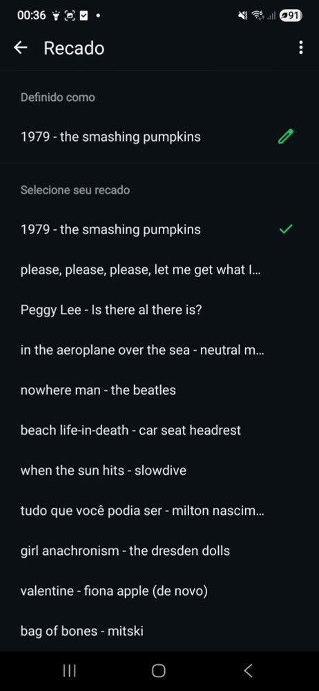 lista de status do whatsapp com muitas músicas, a atual é "1979 - the smashing pumpkins" 