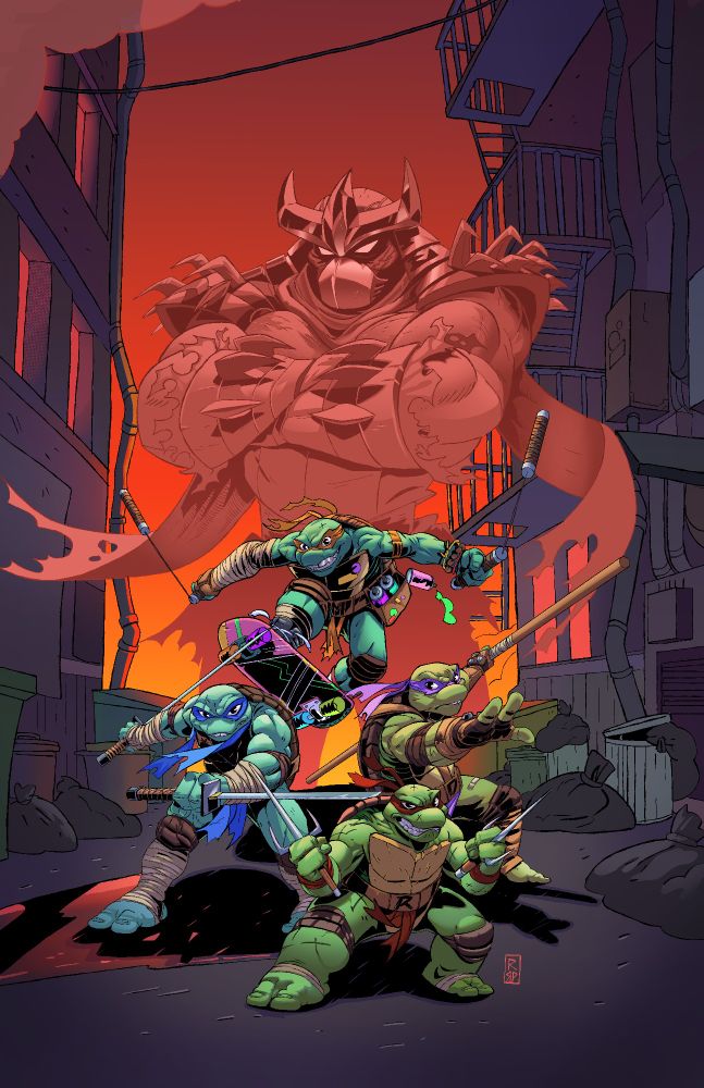 The ninja turtles circled up in an ally dawning their classic weapons. Shredder standing behind them arms crossed.