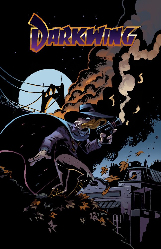 Darkwing duck standing heroicly on a hill overlookong the city holding his gas gun. The city bridge behind him in shadows. Smoke billowing from under it. 
