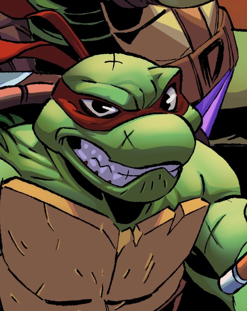 Raphael ( ninja turtles ) in his red ninja mask with a classic gritted teeth. The front of his turtle shell is showing wear. 