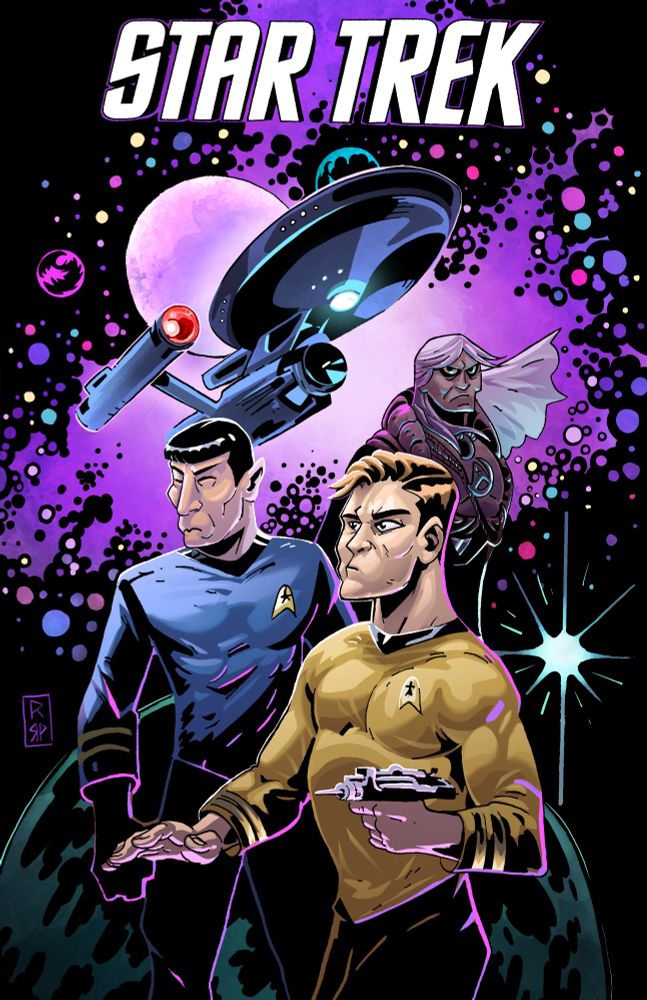 Star trek sketch cover. Traditional ink and pencil. Digitally colored. Captain kirk and spock looking off to the left. khan standing behind them, scowling. The enterprise floating in a purple based space in the background.