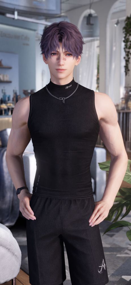 Rafayel from Love and Deepspace, standing at Destiny café, wearing his workout outfit with a nose bandage as an accessory