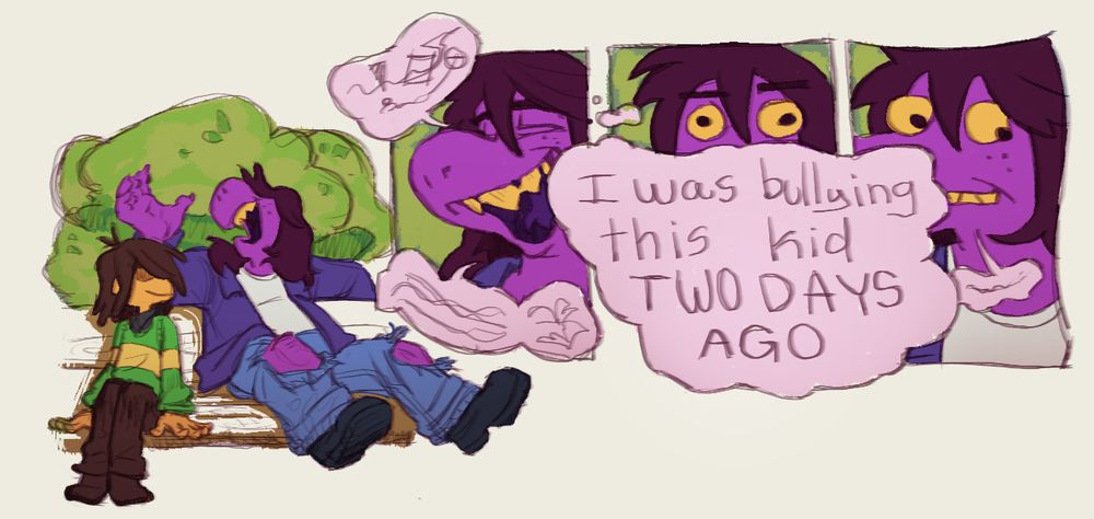 Susie and Kris from the video game "deltarune" sit on a bench having a conversation, the contents of it is unknown. the next three panels shows susie smiling and talking then thinking "I was bullying this kid two days ago" and then trailing off, distracted.