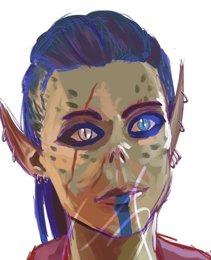 A drawn githyanki character with blue hair, thick blue makeup around the eyes, and a blue tattooed line under her lip. She has several hoop earrings 