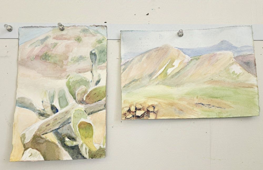 Two water color paintings are hung on a magnetic strip. On the right is a rough painting of mountains. On the left is a cactus in the bright sun with a north American pyramid in the background