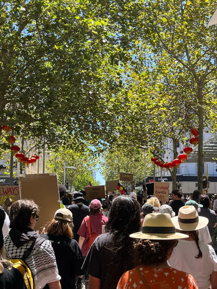 Protest photo: marching down the mall, trees & decorations for Lunar New Year line the sides. We can see people’s backs, the crowd extends further than we can see. Protest signs include Invasion Day, Always Was Always Will Be, and From the Land to the Sea (the reverse of the sign says From the River to the Sea, but we can’t see that in this image). 