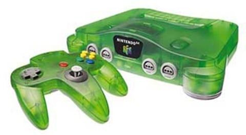 An image of a Nintendo 64 and its controller, both with a jungle green shell.